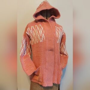 Vintage 70's Coral heavy knit cardigan Fair Isle print pointed hood thick warm